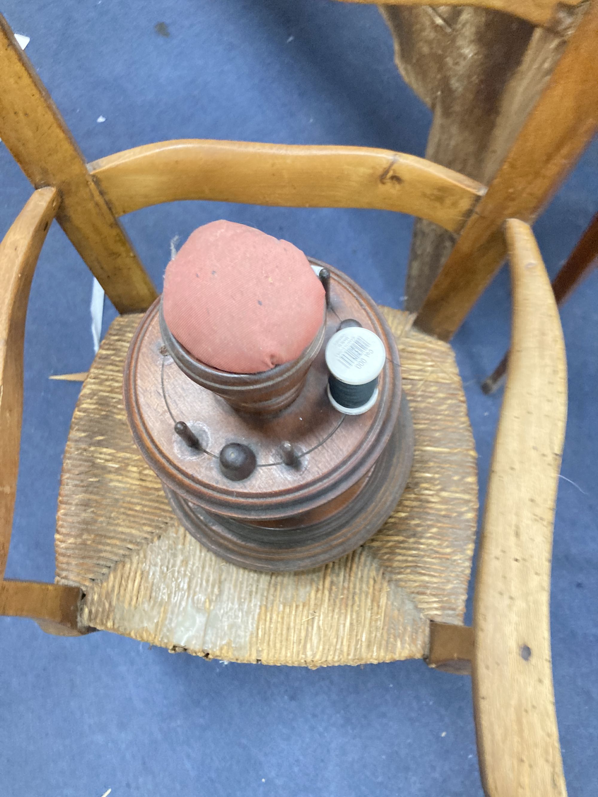 A fruitwood childs chair and a bobbin holder